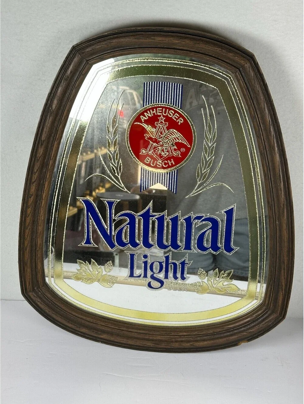 Vintage Natural Light Beer Mirror Sign Anheuser-Busch Wood Frame C-12